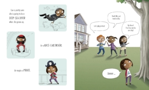 interior double page spread showing futures that Lou imagines for herself that have nothing to do with climbing trees; she stares up the tree with fear while her friends are excited in the background.