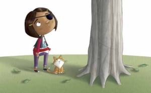 Brown-skinned girl Lou in her colorful clothes and pirate accessories looks up the tree, sad to see her friends high up without her. Her orange and white cat sits at her feet doing the same as she is.