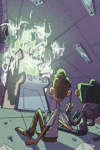 Token City Wondercade splash page of a cabinet video game with electronic ghost monsters escaping as David and Izzy are thrown onto the floor watching.