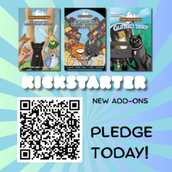 kickstarter promo with 3 comic book covers and QR code
