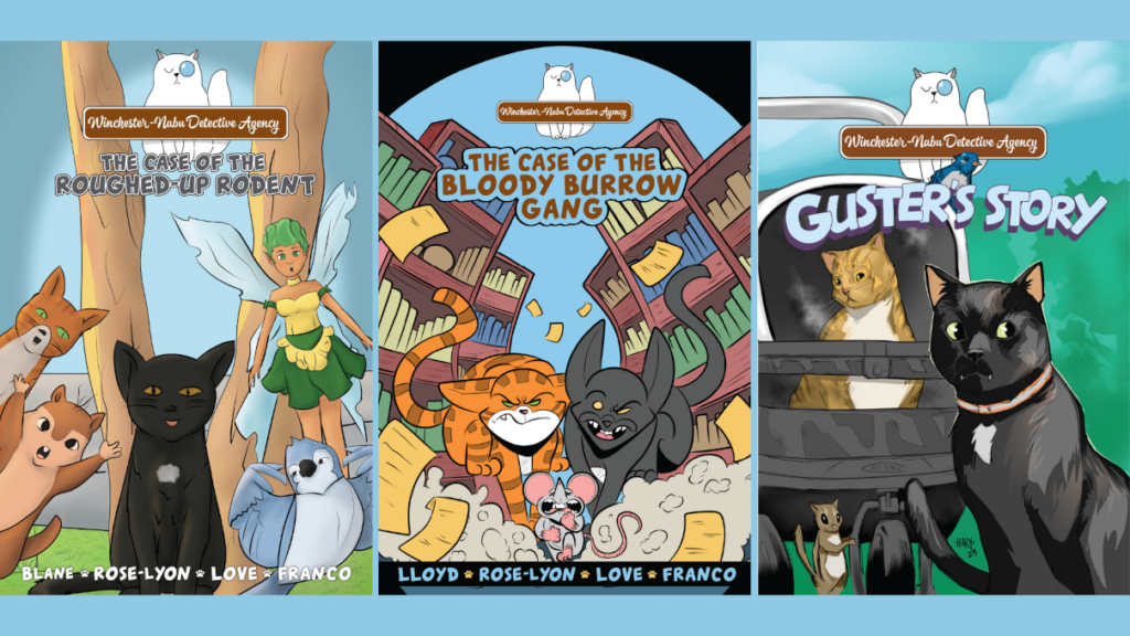 three comic book covers featuring cats, Oliver and Gus