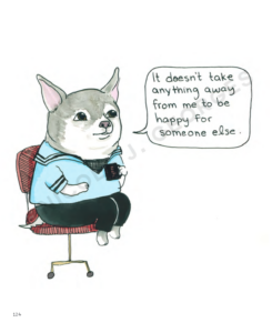 Emotional Support Animals interior page showing a small dog in a sailor outfit sitting in an office chair saying, "It doesn't take anything away from me to be happy for someone else." by Nicole J. Georges