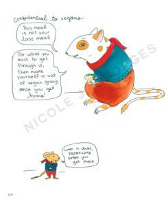 Emotional Support Animals interior page showing rodents giving tips for vegans who have to dine with other people by Nicole J. Georges