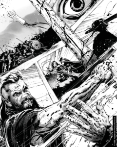 heavily inked and intricately detailed monochrome interior page Highlander Titan Comics