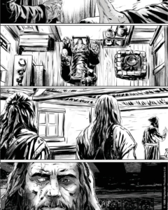 heavily inked and intricately detailed monochrome interior page Highlander Titan Comics