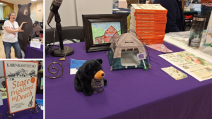 collage: top left, Amber next to a cardboard standing bear; bottom left, the cover of "Stage Frightened to Death" by Karen Kamenetsky; author table with a tiny black bear toy, a miniature camping tent, stack of books at Books in Bloom