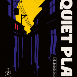 book cover, A Quiet Place by Seicho Matsumoto shows a deep purple night sky, a huge yellow full moon, and buildings close together where all windows are purple/dark except one on a top floor which is red.