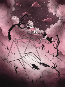 comic interior page Ghoul by Kasey Iris two little girls being thrown off a swing set with long black claws coming out of the ground
