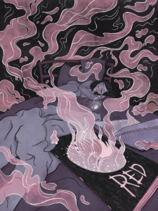 comic interior page Ghoul by Kasey Iris a book with billowing mist coming out of it while someone is asleep in the background