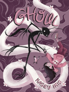 comic cover Ghoul by Kasey Iris the "ghoul" lanky black creature with white beady eyes holding hands with a little girl floating/falling