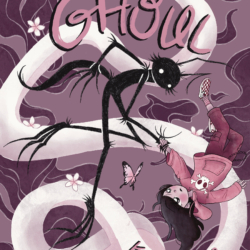 comic cover Ghoul by Kasey Iris the "ghoul" lanky black creature with white beady eyes holding hands with a little girl floating/falling