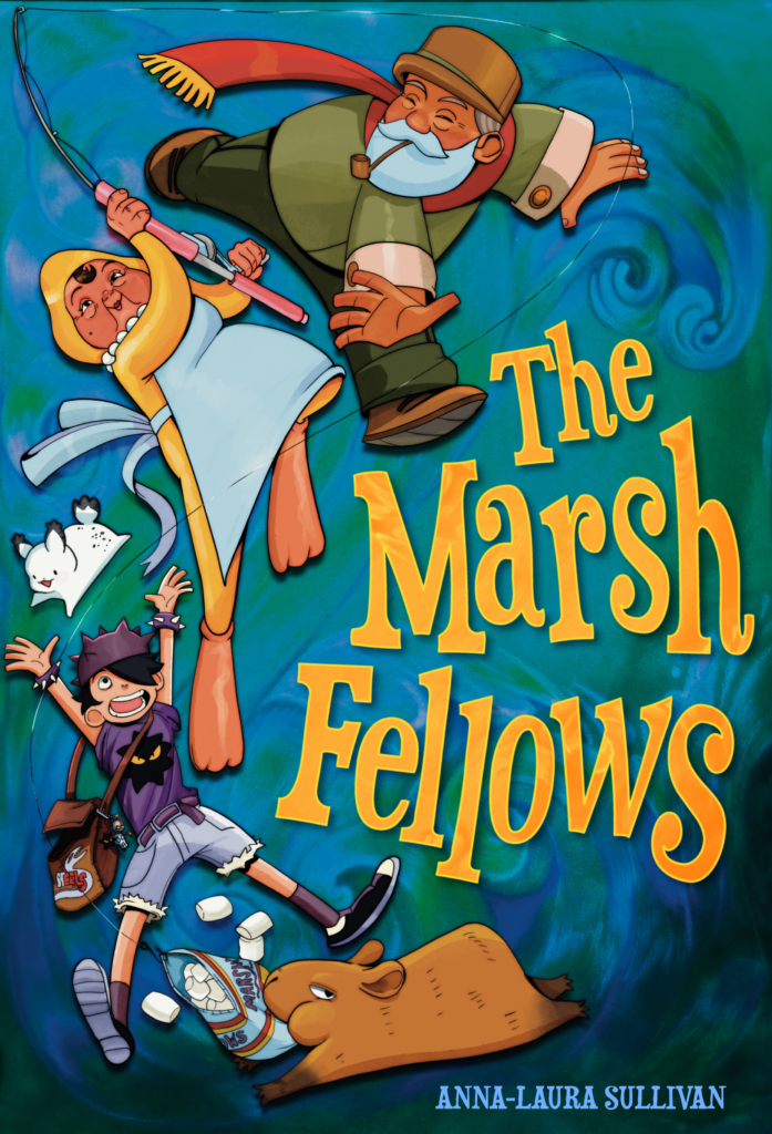 a man dressed for the cold, a woman with an apron over a yellow SCUBA suit, a small white dog maybe, an adolescent boy in shorts and a t-shirt with a crown on his head, and a capybara grabbing a bag of marshmallows in its mouth. "the Marsh Fellows" by Anna-Laura Sullivan