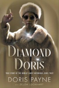 A light-skinned Woman of Color, biracial ethnicity, wearing a fur coat & hat, smoking a cigarette, round sunglasses, and a blinding sparkle coming from her necklace