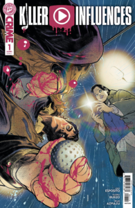 a man covered in blood placing a golf ball on the ground; a young woman standing over him recording with her phone; Killer Influences cover A issue 1
