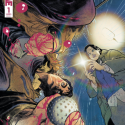 a man covered in blood placing a golf ball on the ground; a young woman standing over him recording with her phone; Killer Influences cover A issue 1