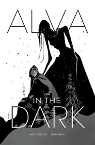 black and white with grey midtone and thin text: Alva in the Dark showing a young girl in a cloak with a 9-foot tall skeletal witch in a big dress looming behind her on a snowy mountain. Aksel Studsgarth and Daniel Hansen