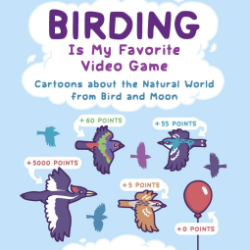 "Birding is my favorite video game" Cartoons about the natural world from Bird and Moon by Rosemary Mosco the cover has text inside white cartoon clouds with old-style 8-bit video game versions of birds and what point value they are.