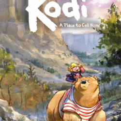 soft watercolor style of art showing a little blonde girl riding on the back of a big bear wearing a shirt because he was a boy that was turned into a bear. Kodi by Jared Cullum