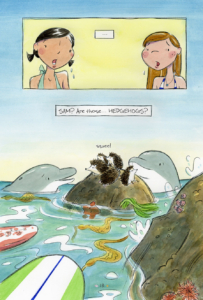 interior page from volume 4 where hedgehogs are found on a rock in the ocean Surfside Girls collection by Kim Dwinell