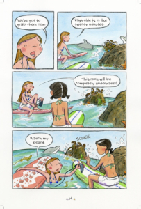 interior page from volume 4 where hedgehogs are found on a rock in the ocean Surfside Girls collection by Kim Dwinell