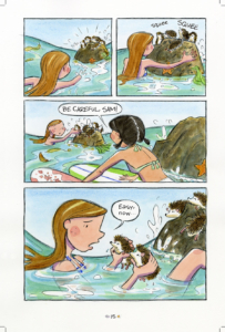 interior page from volume 4 where hedgehogs are found on a rock in the ocean Surfside Girls collection by Kim Dwinell