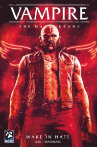 Vampire the Masquerade cover B by Seth Adama; a large white bald biker dude in leather vest in front of neon wings.