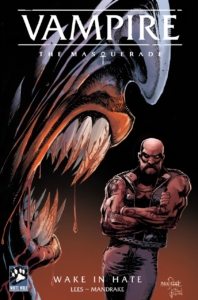 Vampire the Masquerade cover C by Tom Mandrake and colors by Justin Prokowich; a large white bald biker dude leaning with his arms crossed in the background; in the foreground a close up of a hooked nose and bloody sharp teeth in a mouth.