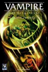 Vampire the Masquerade cover D by Andrea Olimpieri; a vampire wearing a shiny helmet that's reflecting a mob.