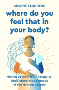 a black woman with her eyes closed, one hand on her chest, one hand on her belly; behind half of her are squiggly lines and the other half is radiant lines; text is sans serif and all lower case in main title