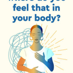 a black woman with her eyes closed, one hand on her chest, one hand on her belly; behind half of her are squiggly lines and the other half is radiant lines; text is sans serif and all lower case in main title