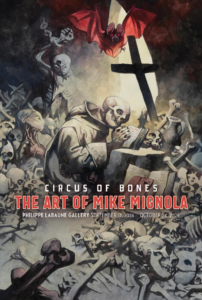 poster for the Art of Mike Mignola at the Philippe LaBaune Gallery; skeletal monk writing in a book surrounded by skeletons