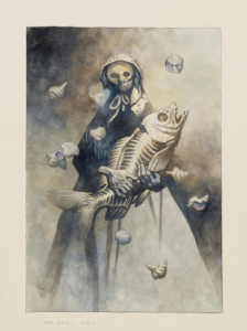 skeletal pioneer woman holding a giant skeletal fish by Mignola