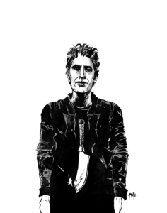black and white sketch of Anthony Bourdain with a cleaver in the center of his body mass by Paul Pope