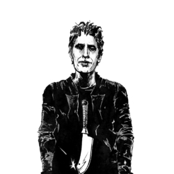 black and white sketch of Anthony Bourdain with a cleaver in the center of his body mass by Paul Pope