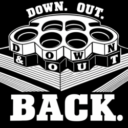 brass knuckles on top of books in start minimalist black and white with text, Down and Down. Out. Back.