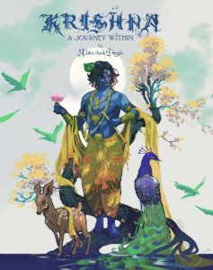 Krishna cover; a blue human figure clothed from the waist down and wearing yellow golden clothes and jewelry standing next to a peacock and a fawn