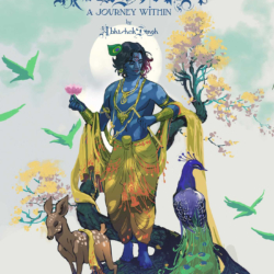 Krishna cover; a blue human figure clothed from the waist down and wearing yellow golden clothes and jewelry standing next to a peacock and a fawn