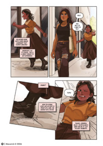 Navigating with You Volume 2 interior page showing Neesha chasing a fellow student and falling because of her CP